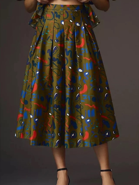 HUNTER BELL Dresses & Skirts - HUNTER BELL Olive Green Midi Skirt with Blue and Red Abstract Print